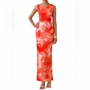 Calvin Klein Tango Orange and White Print Mesh Y2K Sleeveless Maxi Dress Size 10